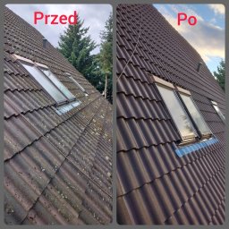 Arri - Porównanie dachu przed i po czyszczeniu: po lewej stronie dach pokryty mchem i zabrudzeniami, po prawej czysty dach z brązową dachówką i zabezpieczonymi oknami dachowymi.