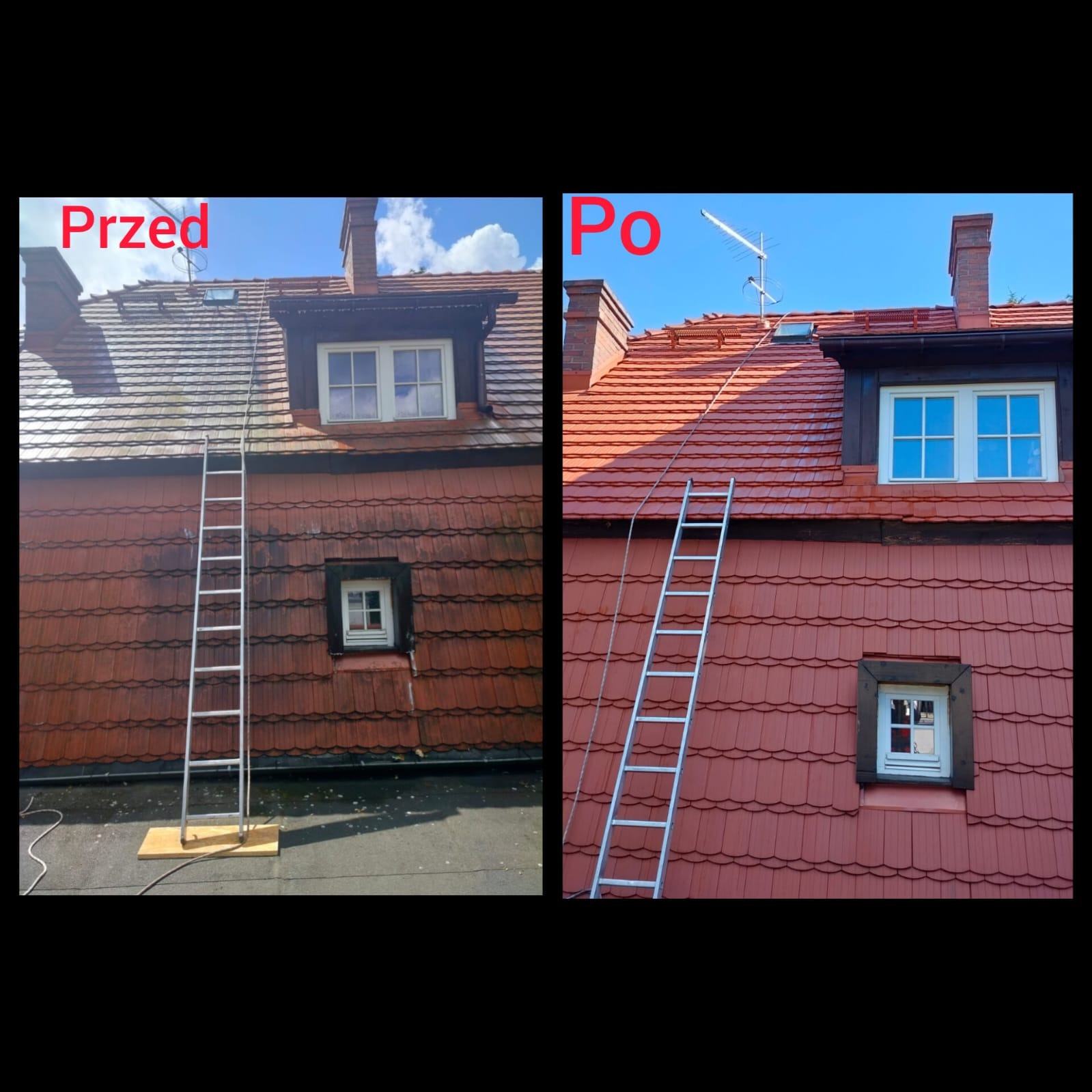 Porównanie dachu przed i po czyszczeniu: po lewej stronie dach pokryty mchem i zabrudzeniami, po prawej czysty, czerwony dach z zamontowaną anteną, obie części zdjęcia z drabiną opartą o budynek.