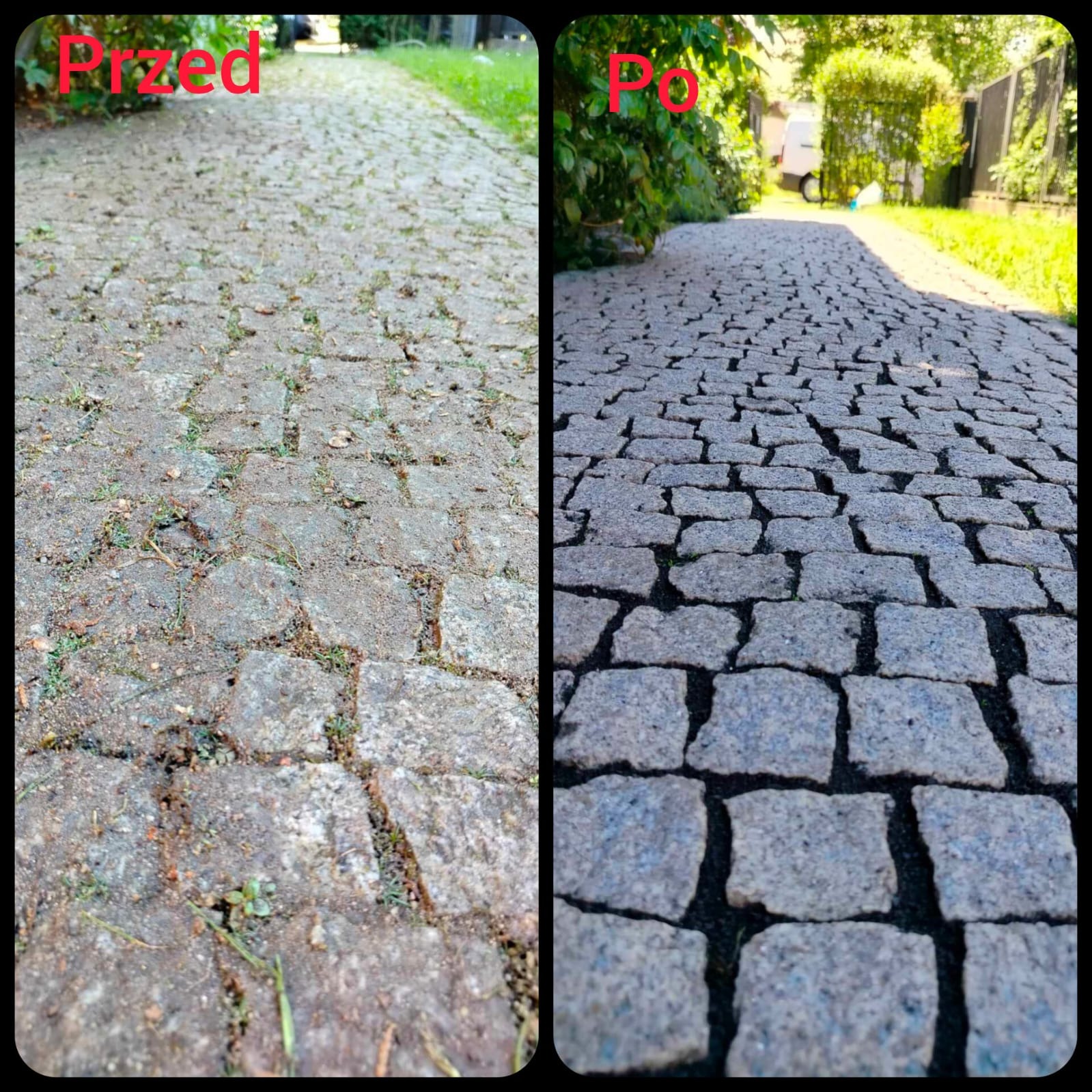 Porównanie kostki brukowej przed i po czyszczeniu, widoczne różnice w wyglądzie i usunięcie zabrudzeń, zieleń w tle.