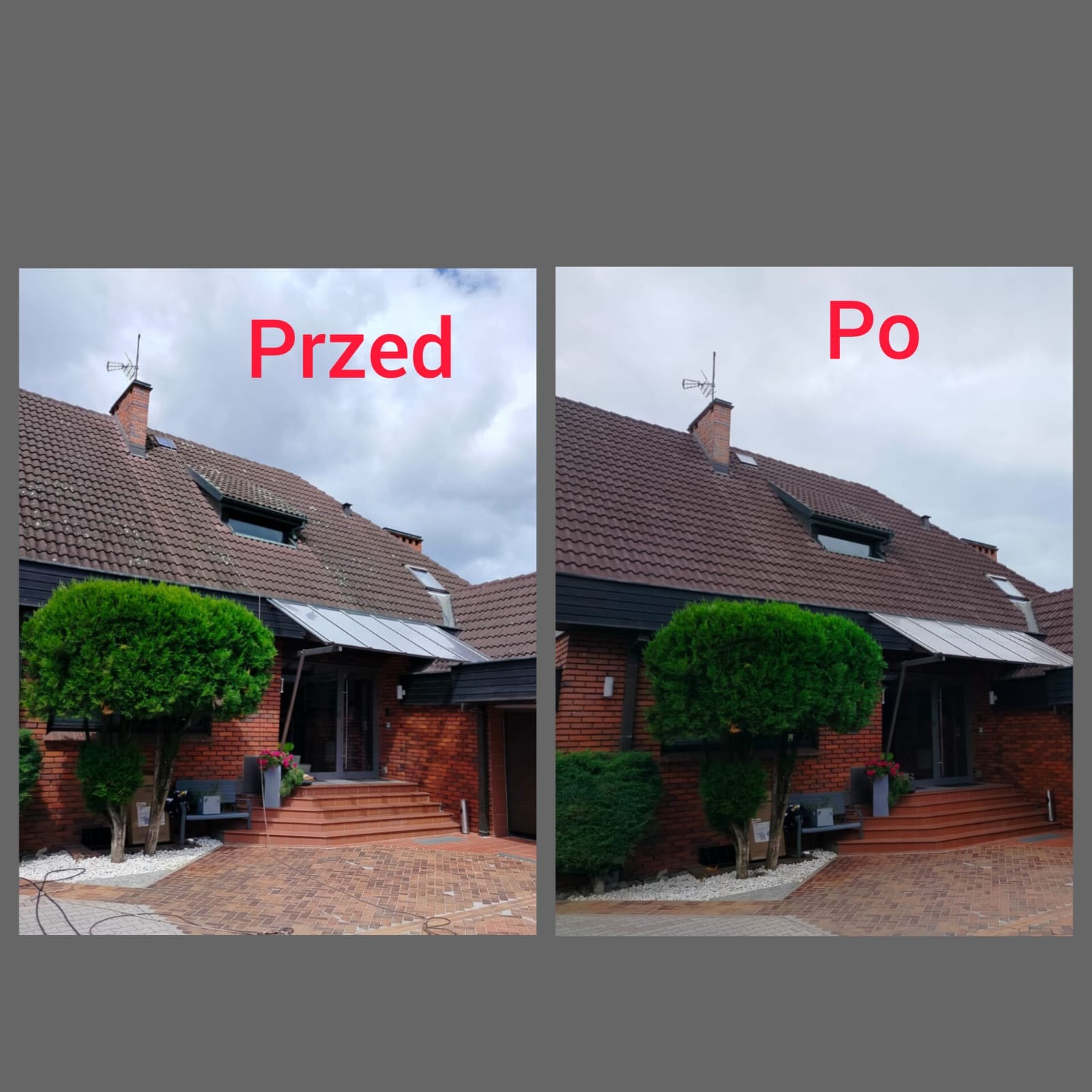 Porównanie stanu dachu i kostki brukowej przed i po czyszczeniu: po prawej stronie widoczny dach i kostka brukowa po zabiegu, po lewej stronie - stan przed czyszczeniem.