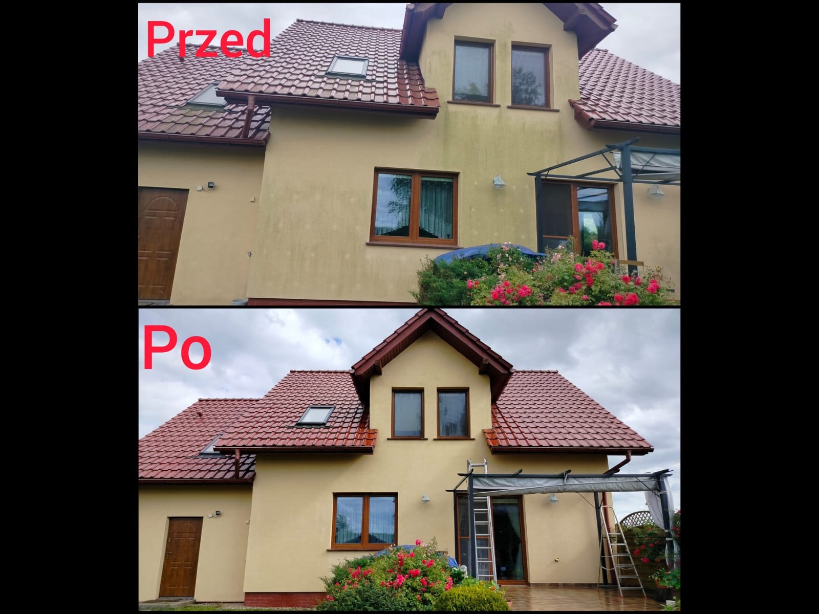 Porównanie elewacji domu przed i po czyszczeniu, widoczne różnice w kolorze i czystości powierzchni.