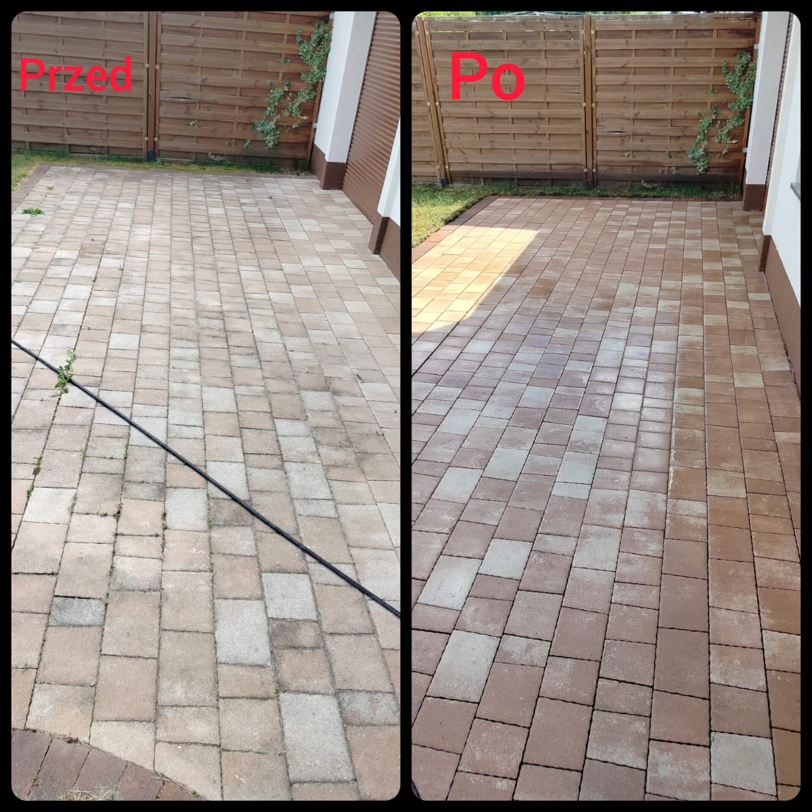 Porównanie kostki brukowej przed i po czyszczeniu, z widoczną różnicą w kolorze i brakiem zabrudzeń po prawej stronie, na tle drewnianego płotu.