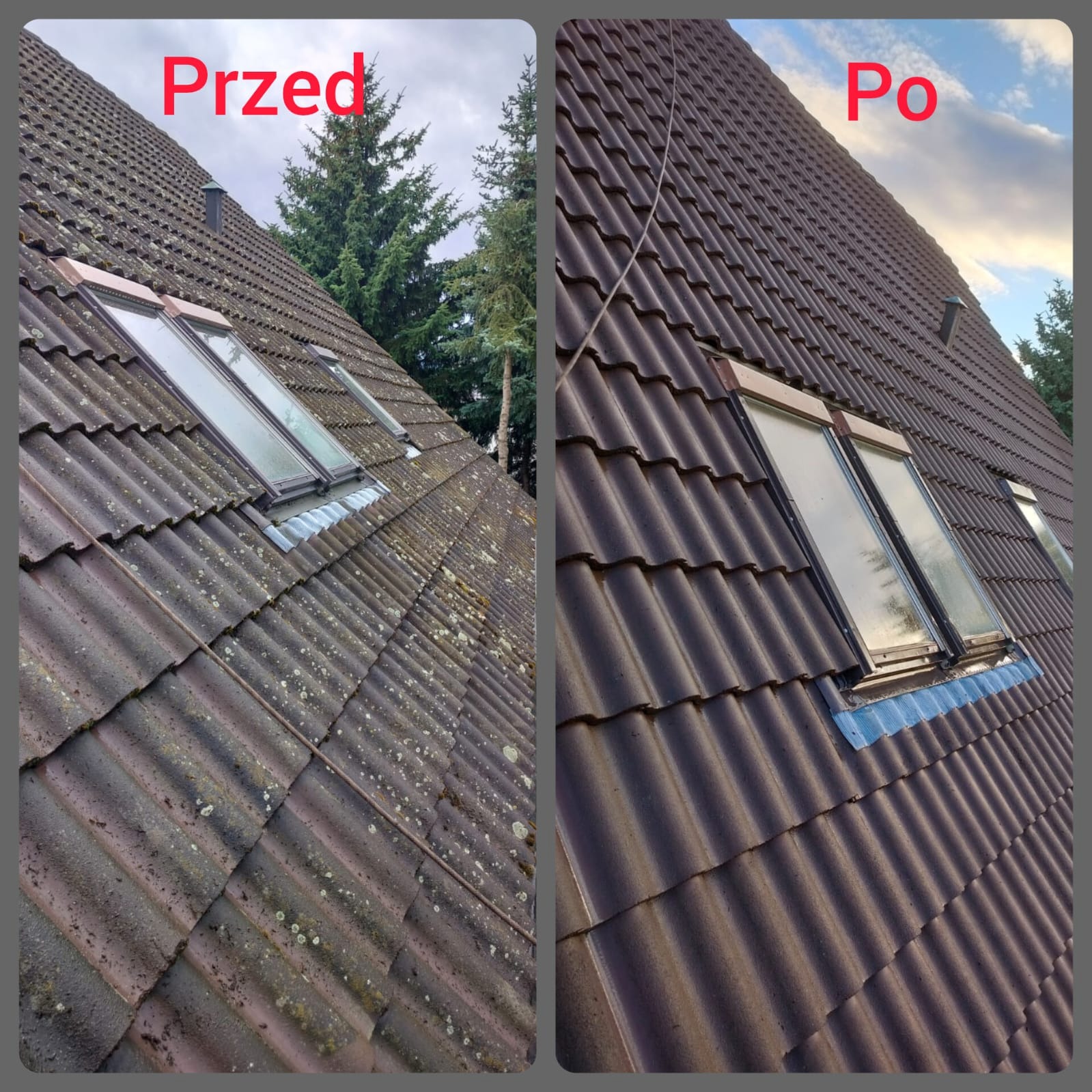Porównanie dachu przed i po czyszczeniu: po lewej stronie dach pokryty mchem i zabrudzeniami, po prawej czysty dach z brązową dachówką i zabezpieczonymi oknami dachowymi.