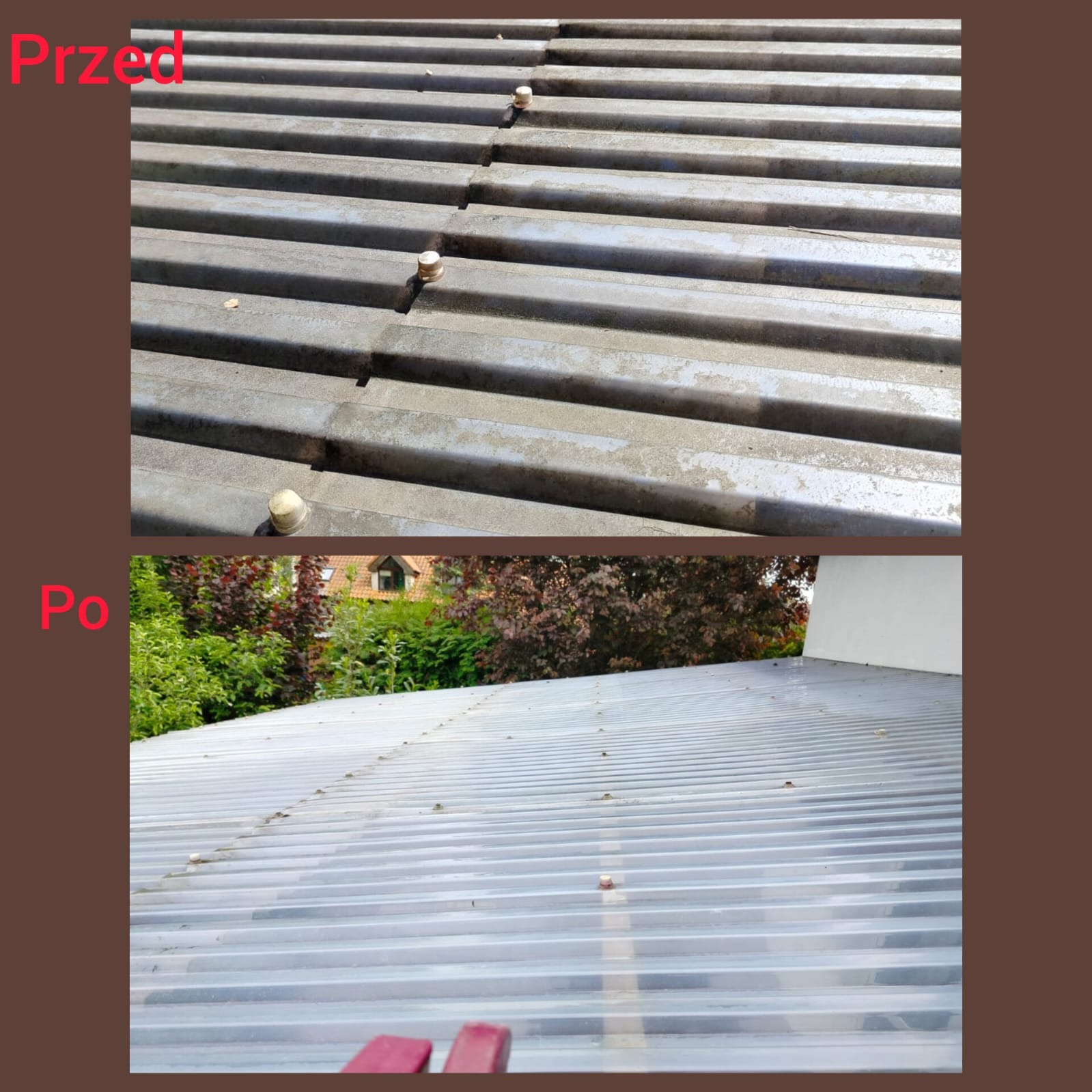 Porównanie dachu z blachy falistej przed i po czyszczeniu, widoczne usunięcie zabrudzeń i mchu, zieleń drzew w tle.