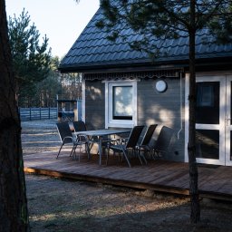 Aleksandra Linke - Szary drewniany dom z tarasem i stołem z krzesłami, widok przez gałęzie drzewa, w tle las.