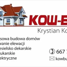 Wizyt&oacute;wka firmy budowlanej Kow-Bud z ilustracją domu z czerwonym dachem, oferującej kompleksową budowę dom&oacute;w, wykonywanie elewacji, usługi ciesielsko dekarskie, brukarskie i elektryczne...