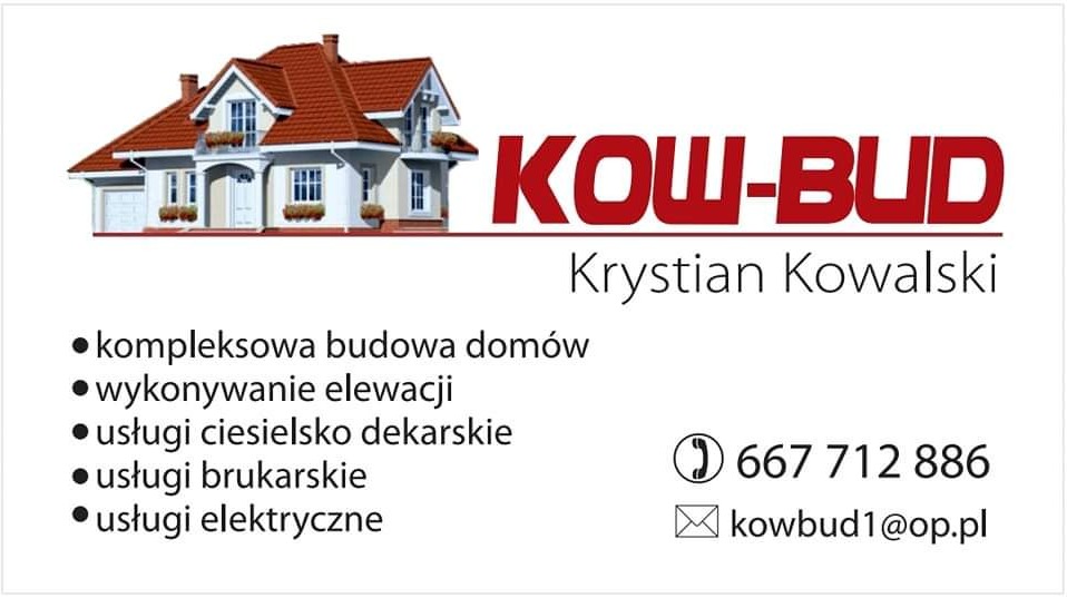 Wizytówka firmy budowlanej Kow-Bud z ilustracją domu z czerwonym dachem, oferującej kompleksową budowę domów, wykonywanie elewacji, usługi ciesielsko dekarskie, brukarskie i elektryczne...