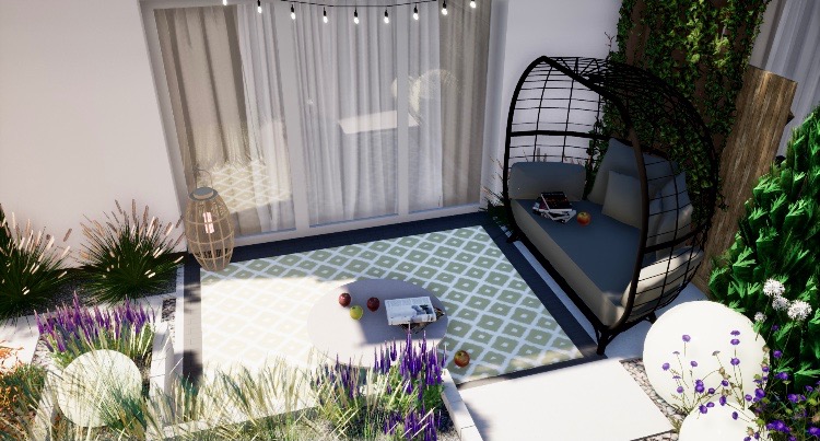 Wizualizacja tarasu z huśtawką typu kokon, okrągłym stolikiem z owocami i książką, oświetleniem girlandą żarówek oraz roślinnością ozdobną w donicach i rabatach.