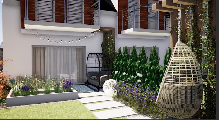 Wizualizacja ogrodu przydomowego z białymi ścieżkami prowadzącymi do czarnego, ażurowego fotela i wiszącego, plecionego kokonu, otoczonego zielenią i kwiatami, z dekoracyjnym oświetleniem...