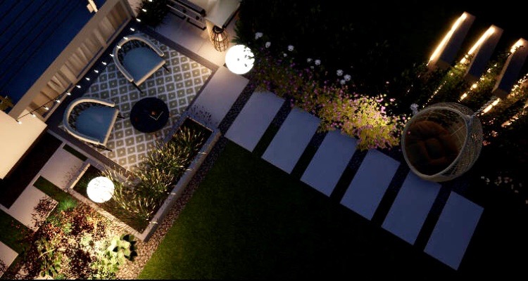 Nocna wizualizacja ogrodu z oświetleniem: dwa krzesła na wzorzystym dywanie, stolik kawowy, ścieżka z płyt, trawnik i wiszące krzesło w tle.