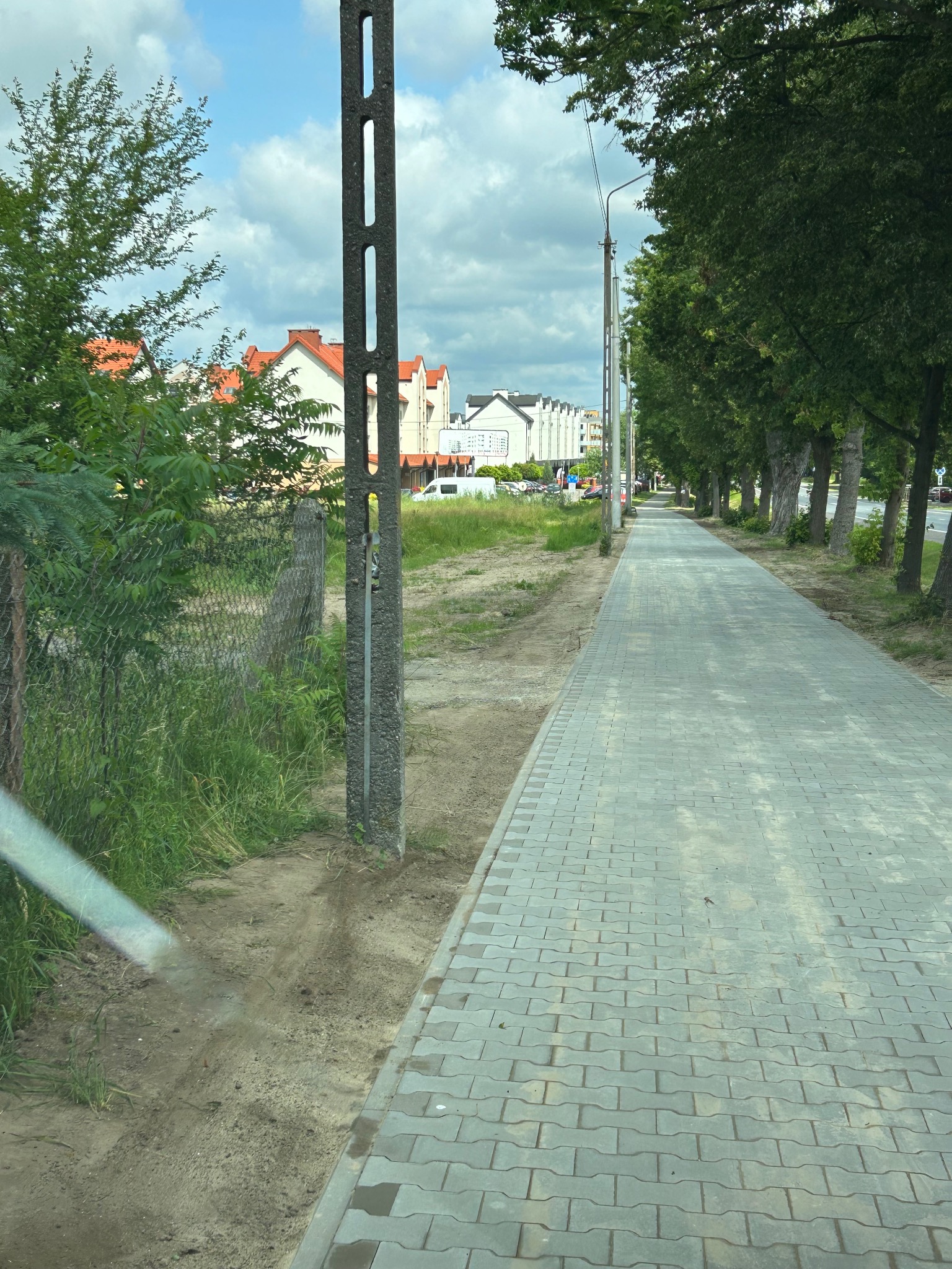 Ułożona szara kostka brukowa wzdłuż ulicy z drzewami i słupami oświetleniowymi. W tle budynki mieszkalne i błękitne niebo z chmurami. Widok z perspektywy przechodnia.