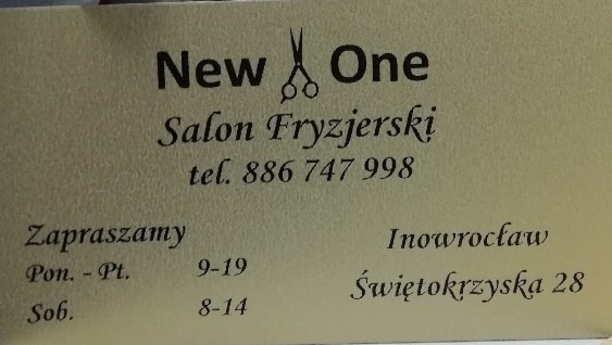 Wizytówka salonu z nożyczkami w logo, informacjami kontaktowymi i godzinami otwarcia w Inowrocławiu, ul. Świętokrzyska 28.