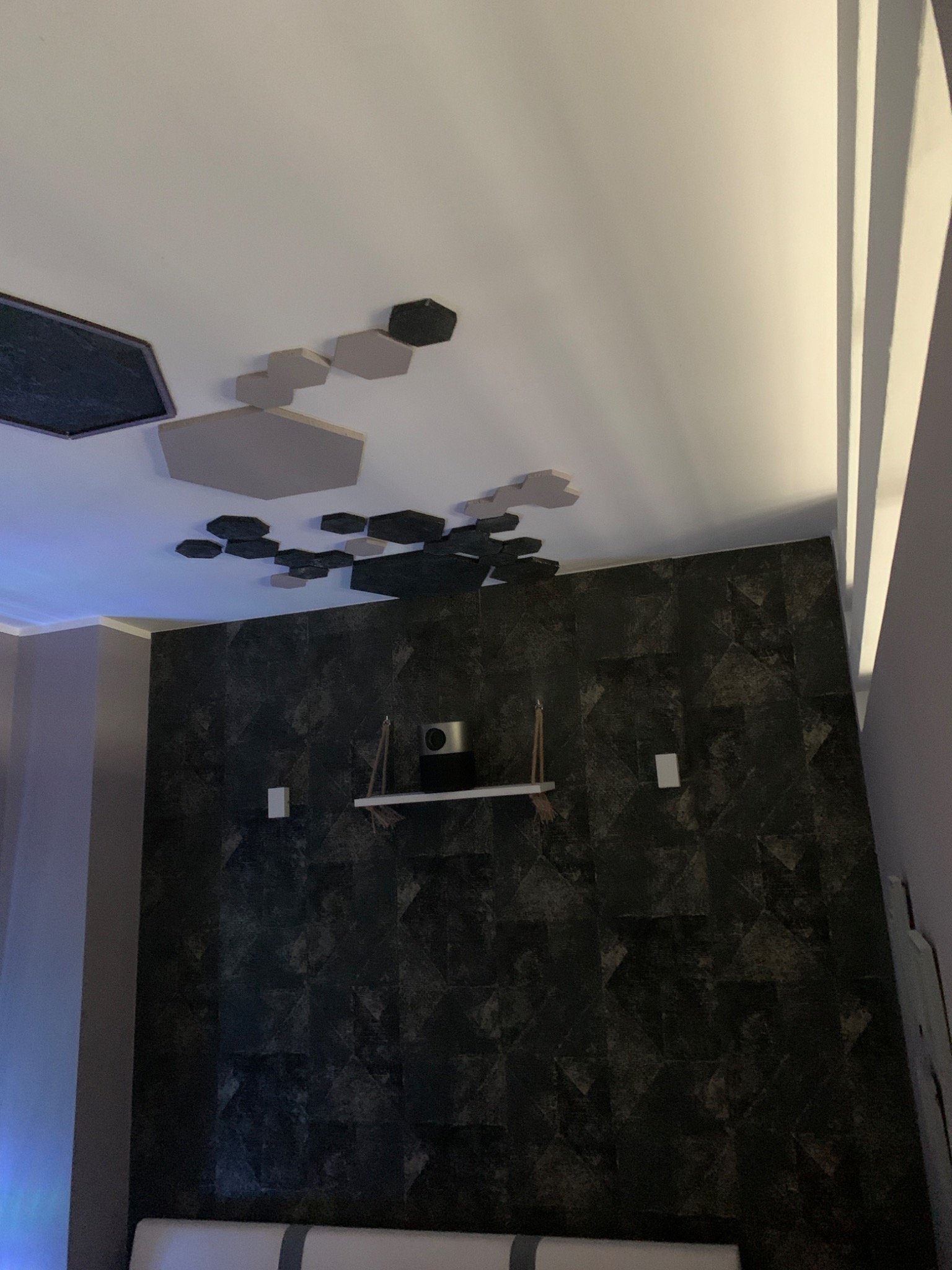 Nowoczesny salon z dekoracyjną ścianą w ciemnych odcieniach i geometrycznymi panelami akustycznymi na suficie, oświetlonymi listwą LED.