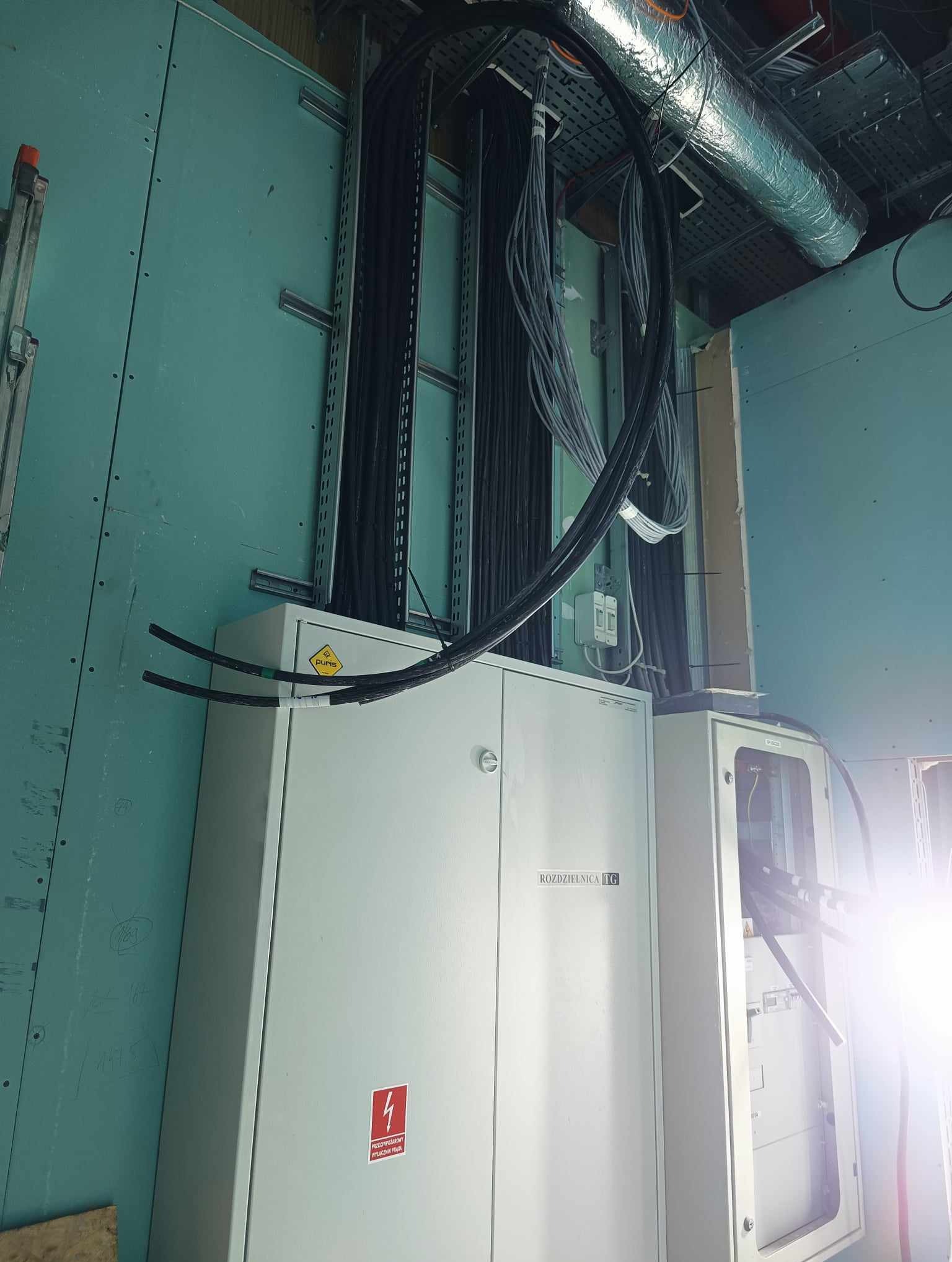 Rozdzielnica elektryczna TG z podłączonymi kablami w surowym wnętrzu, widoczne metalowe korytka kablowe pod sufitem i ściany z płyt kartonowo-gipsowych.
