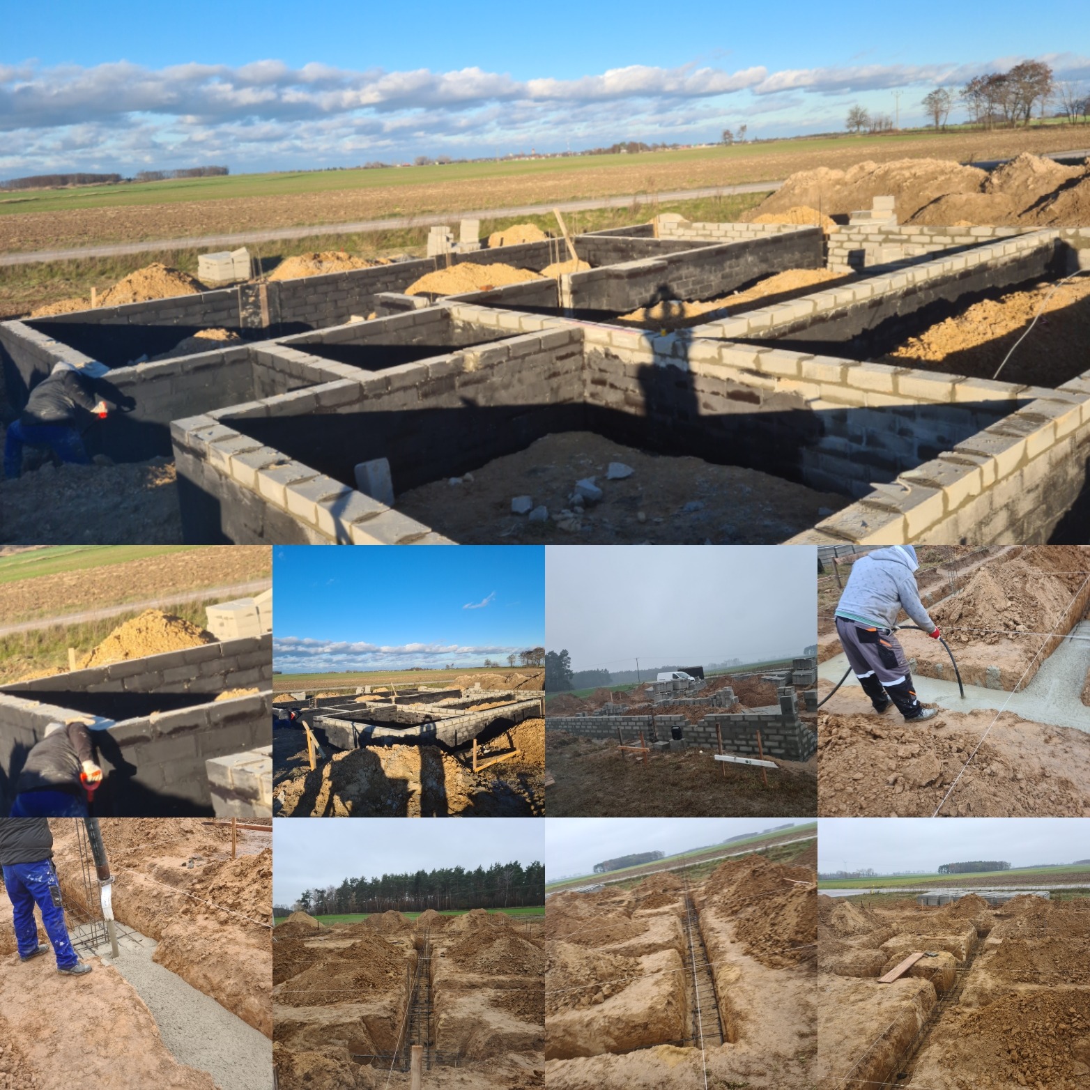 Wykonywanie fundamentów budynku z bloczków betonowych, z widocznym zbrojeniem i pracownikami w trakcie wylewania betonu w wykopach, na tle krajobrazu polnych pól i błękitnego nieba.