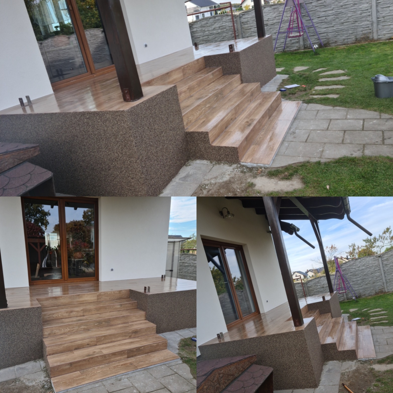 Wykończone schody wejściowe do domu w Śmiglu, z brązowymi płytkami imitującymi drewno i elewacją z żywicy kamiennej, widok na ogród i plac zabaw