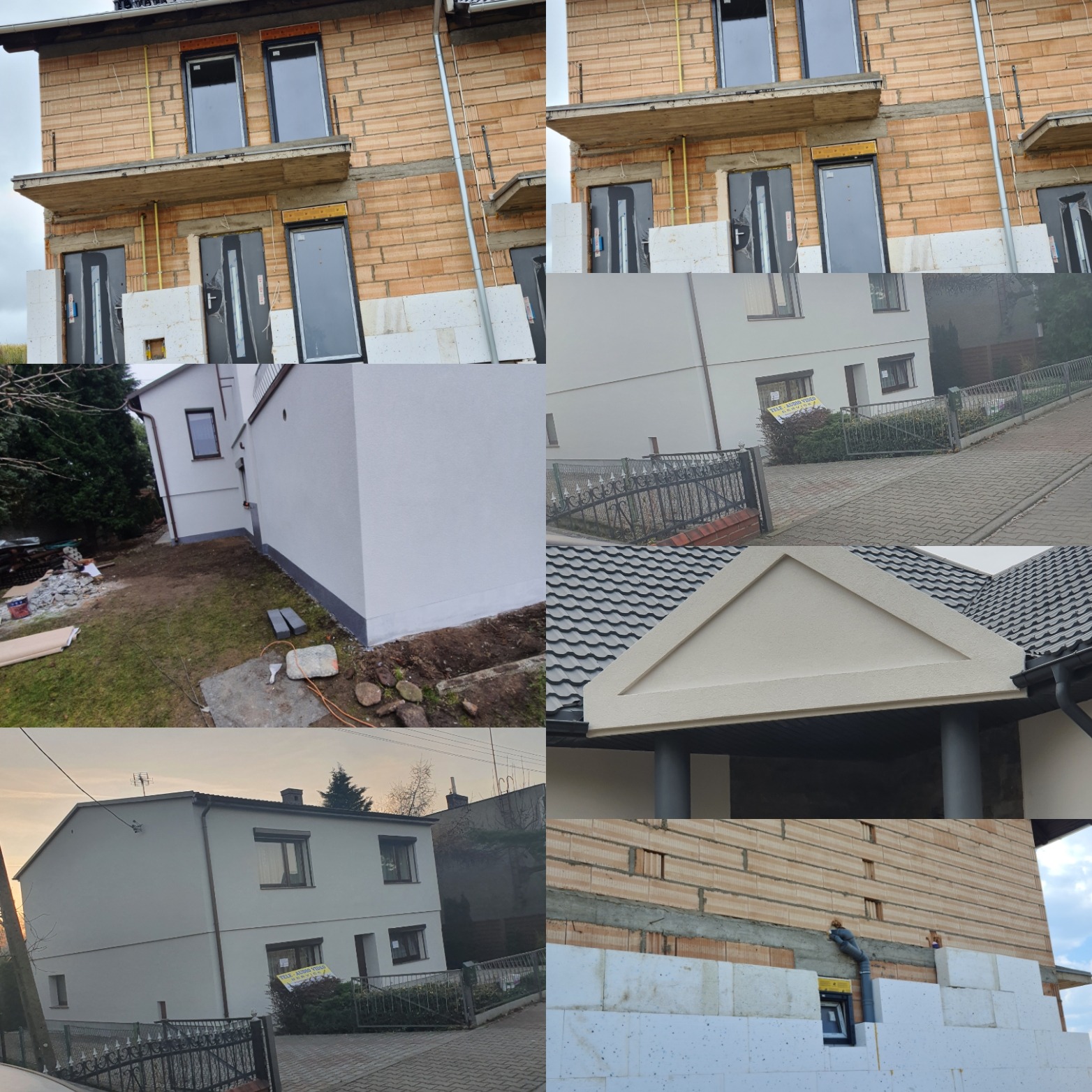 Dom w trakcie ocieplania i malowania elewacji, widoczne fragmenty ocieplenia styropianem oraz pomalowana na biało ściana budynku.