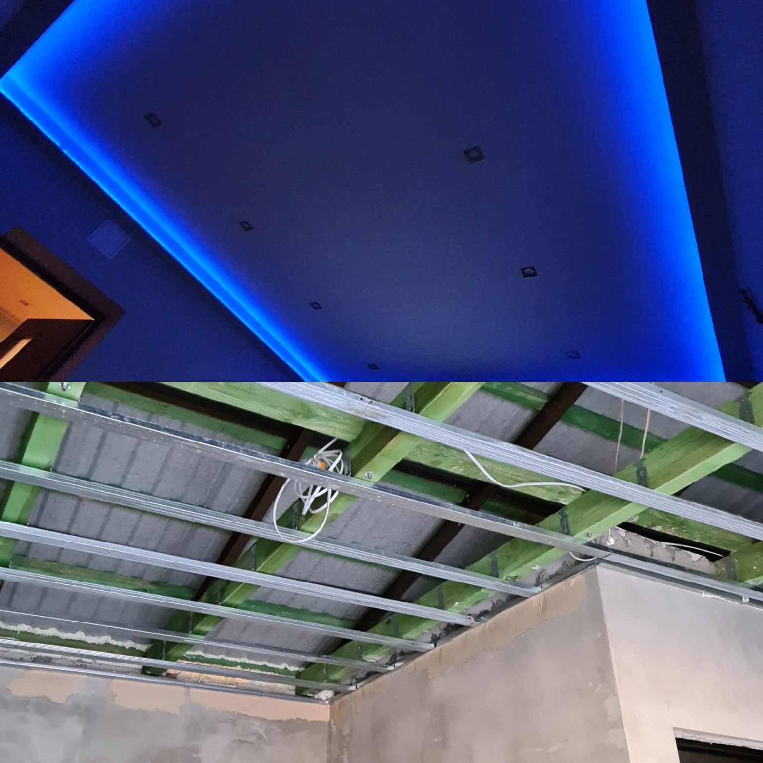 Dwuetapowe ujęcie sufitu: górna część przedstawia gotowy sufit z podświetleniem LED i punktowymi lampami, dolna część ukazuje konstrukcję szkieletową sufitu podwieszanego z widocznymi elementami...