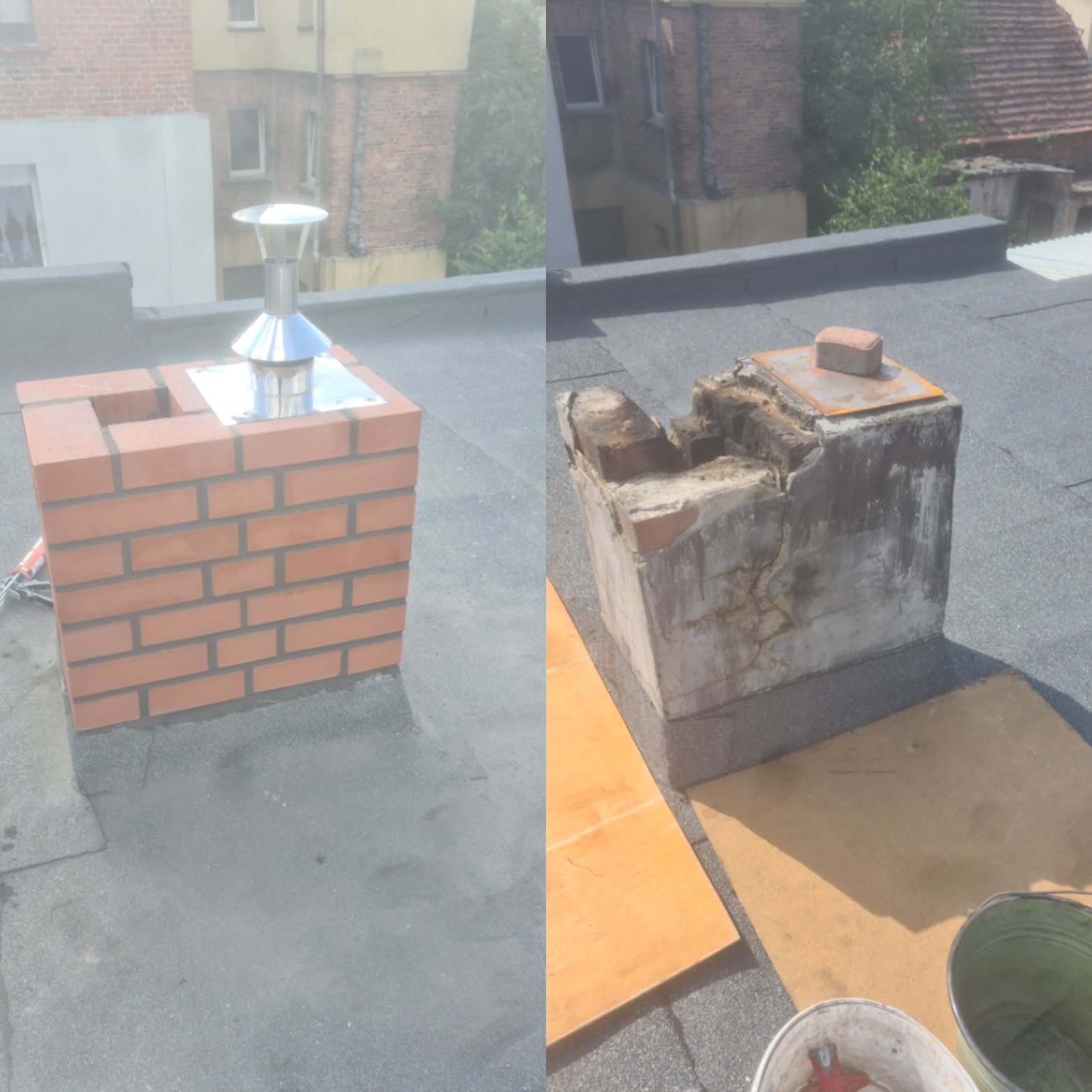 Porównanie stanu komina przed i po renowacji: nowy komin z czerwonej cegły z metalowym daszkiem obok starego, zniszczonego komina z ubytkami, oba na tle pokrycia dachowego.