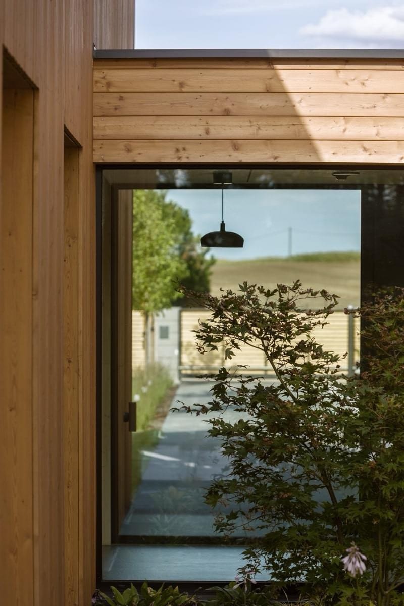 Fragment nowoczesnego domu z drewnianą elewacją, widok przez duże okno na ścieżkę i ogród z zielenią oraz lampą wiszącą wewnątrz.