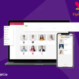 Ekran laptopa MacBook Pro wyświetlający panel administracyjny platformy edukacyjnej Kipina z listą uczniów, obok smartfon z aplikacją mobilną do wyboru dziecka, na fioletowym tle z logo Appjet.io.