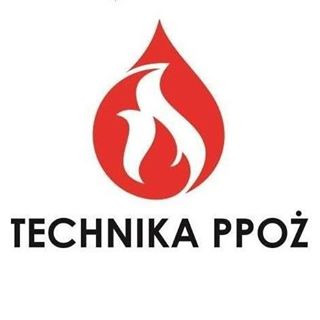Czerwone logo firmy z płomieniem w kształcie kropli i napisem 'TECHNIKA PPOŻ' poniżej.