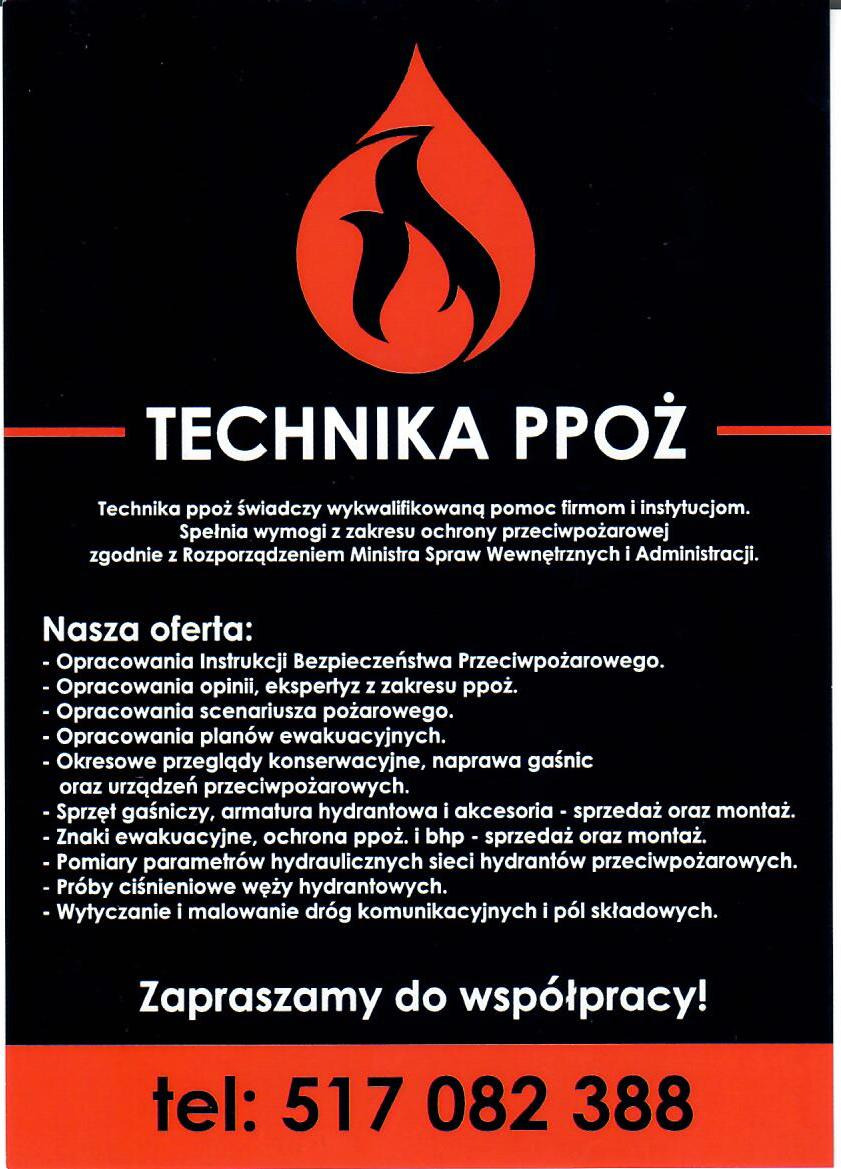 Grafika reklamowa firmy świadczącej usługi z zakresu ochrony przeciwpożarowej, prezentująca logo z motywem płomienia, listę oferowanych usług obejmującą instrukcje bezpieczeństwa, scenariusze...
