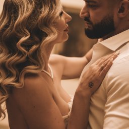 Paula Jankowska Photography - Zmysłowe zbliżenie pary: kobieta z perłami i tatuażem na dłoni opiera się o mężczyznę w białej koszuli, patrząc sobie w oczy. Ciepłe, stonowane barwy.