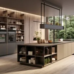 Nowoczesna kuchnia z wyspą i zabudową pod sufit, drewniane półki z dekoracjami, trzy piekarniki w zabudowie, duże okno z widokiem na zieleń.