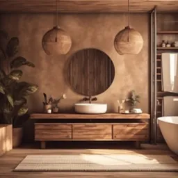 Jasne, minimalistyczne wnętrze łazienki z drewnianymi elementami: szafka pod umywalką z trzema szufladami, okrągłe lustro, wiszące lampy z plecionki, wanna wolnostojąca i wysoka szafa z półkami.