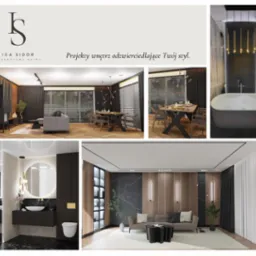 Kolaż wizualizacji wnętrz: salon z kominkiem i sofą, jadalnia ze stołem na metalowych nogach, łazienka z wolnostojącą wanną i podwójna łazienka z okrągłymi lustrami podświetlonymi lampami.