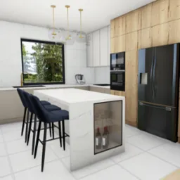 Wizualizacja nowoczesnej kuchni z wyspą z marmurowym blatem, trzema ciemnoniebieskimi hokerami, drewnianymi szafkami i czarną lodówką side-by-side.