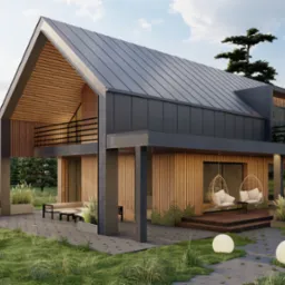 Nowoczesny dom z drewnianą elewacją i ciemnym dachem, z balkonem i tarasem, otoczony zielonym ogrodem z dekoracyjnymi kulami świetlnymi.