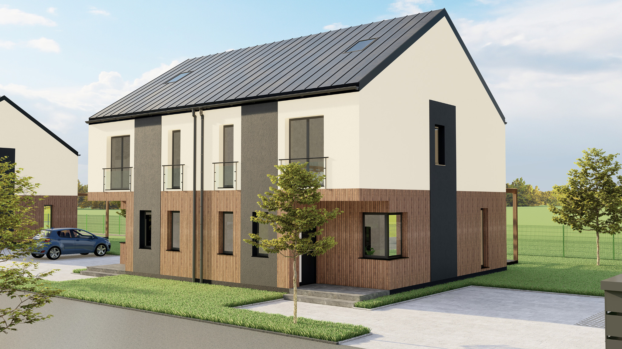 Wizualizacja bliźniaczego domu z nowoczesną elewacją: drewno, szary tynk i biała ściana. Czarny dach z oknem dachowym, małe balkony z przezroczystymi balustradami. Na podjeździe zaparkowany...