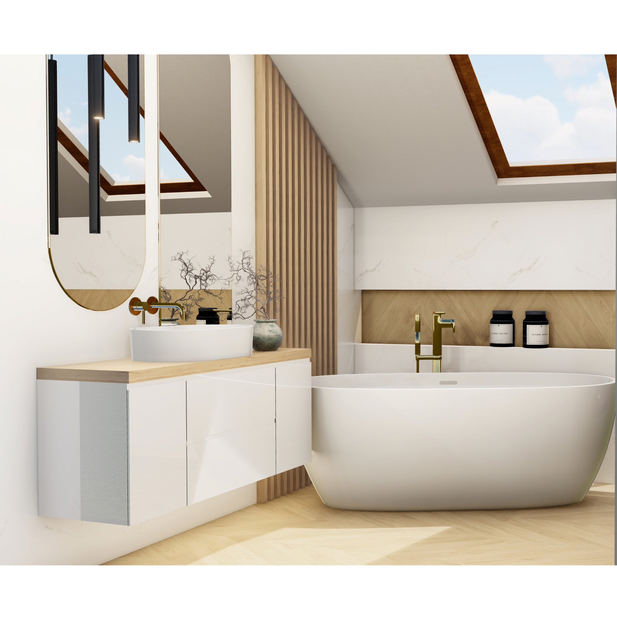 Wizualizacja nowoczesnej łazienki na poddaszu z owalną wanną, umywalką nablatową i złotą armaturą, drewnianymi lamelami na ścianie oraz oknem dachowym wpuszczającym naturalne światło.