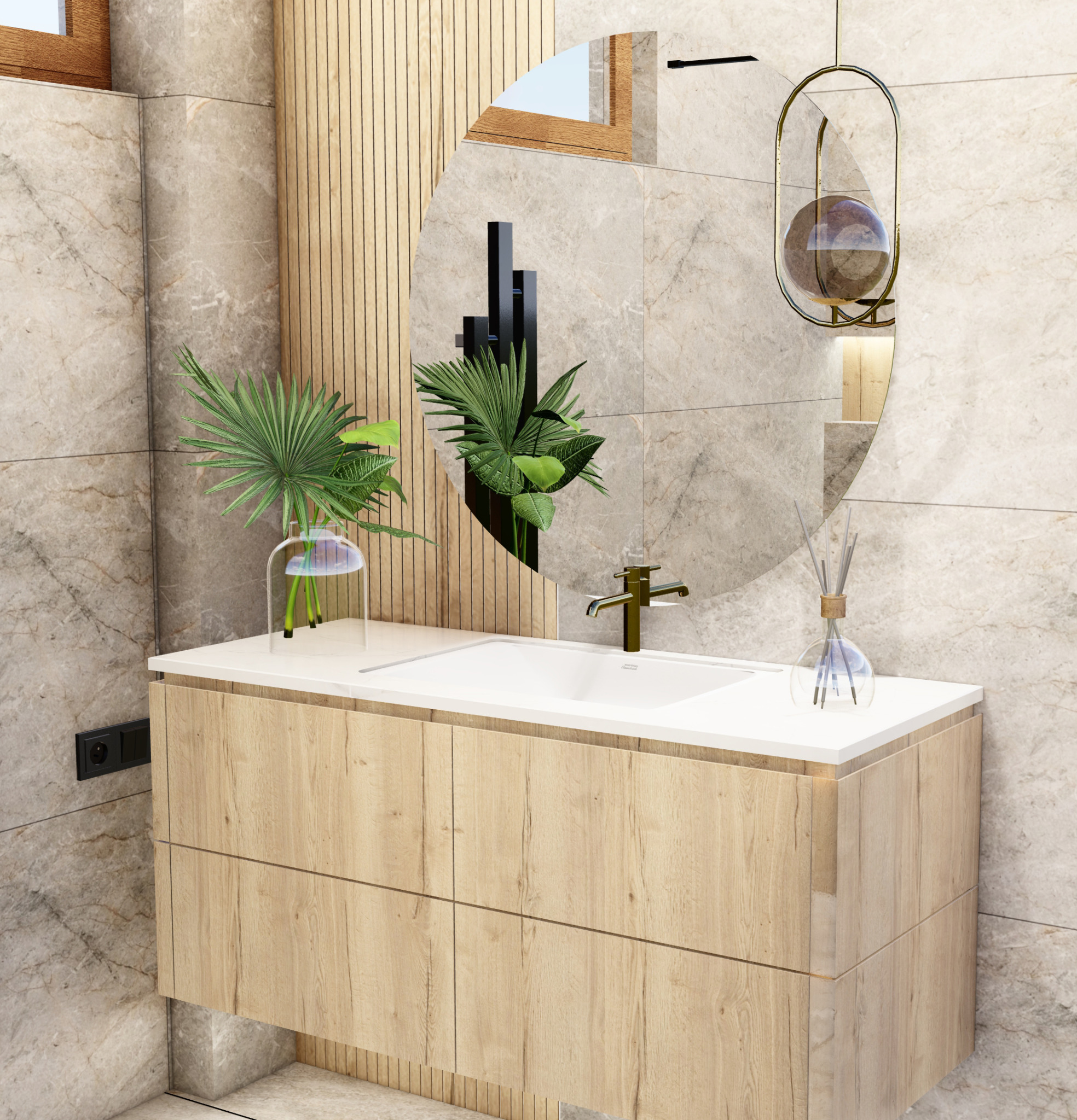 Nowoczesna łazienka z drewnianą szafką pod umywalką, okrągłym lustrem z czarnymi akcentami, złotą baterią i dekoracyjnymi roślinami w szklanych wazonach.