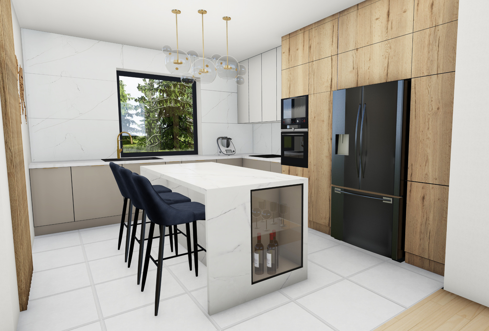 Wizualizacja nowoczesnej kuchni z wyspą z marmurowym blatem, trzema ciemnoniebieskimi hokerami, drewnianymi szafkami i czarną lodówką side-by-side.