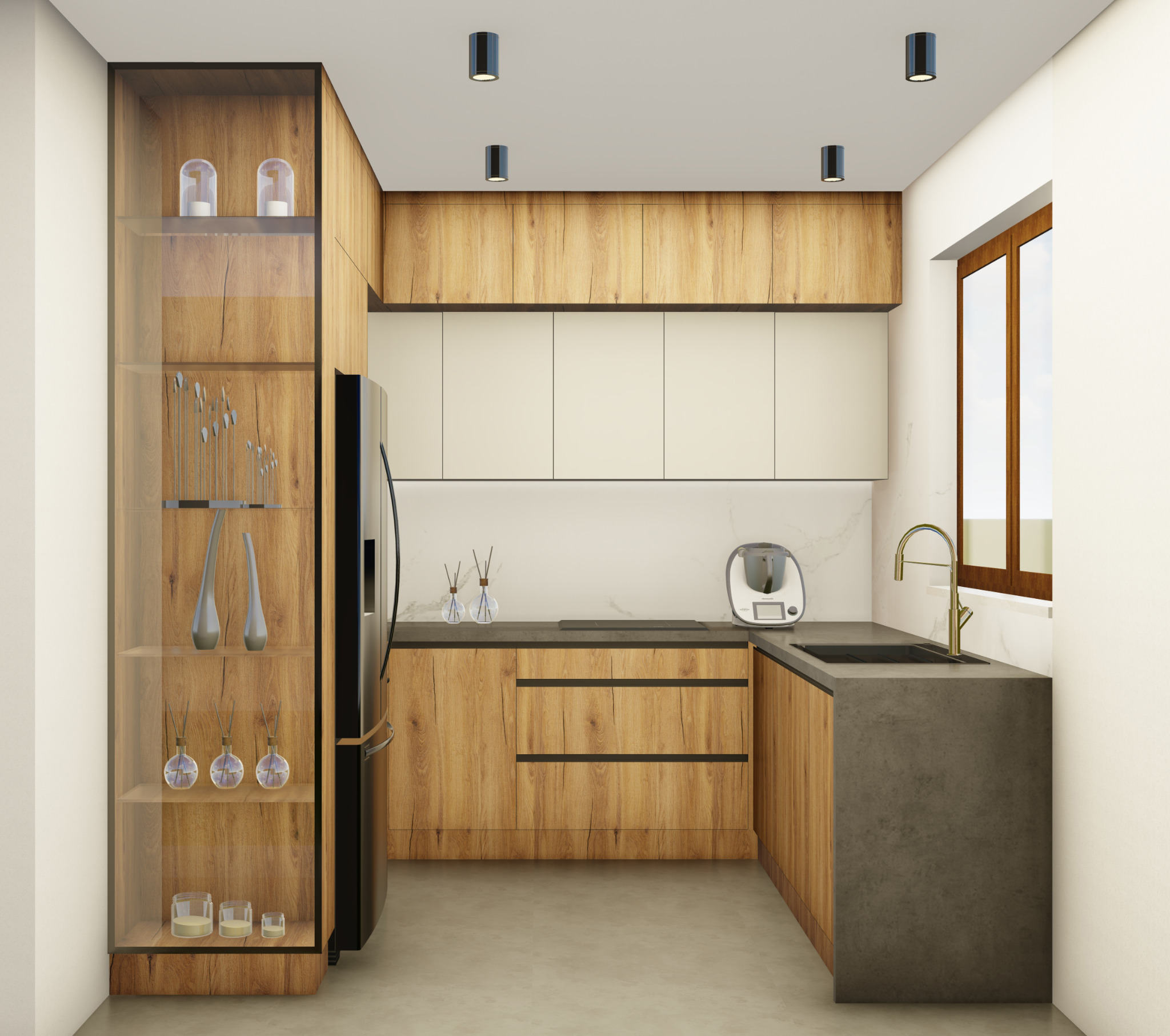 Wizualizacja nowoczesnej kuchni w Kiczycach z drewnianymi szafkami, białymi frontami górnymi, szarym blatem i szklaną witryną z dekoracjami, oświetlona punktowymi lampami sufitowymi.
