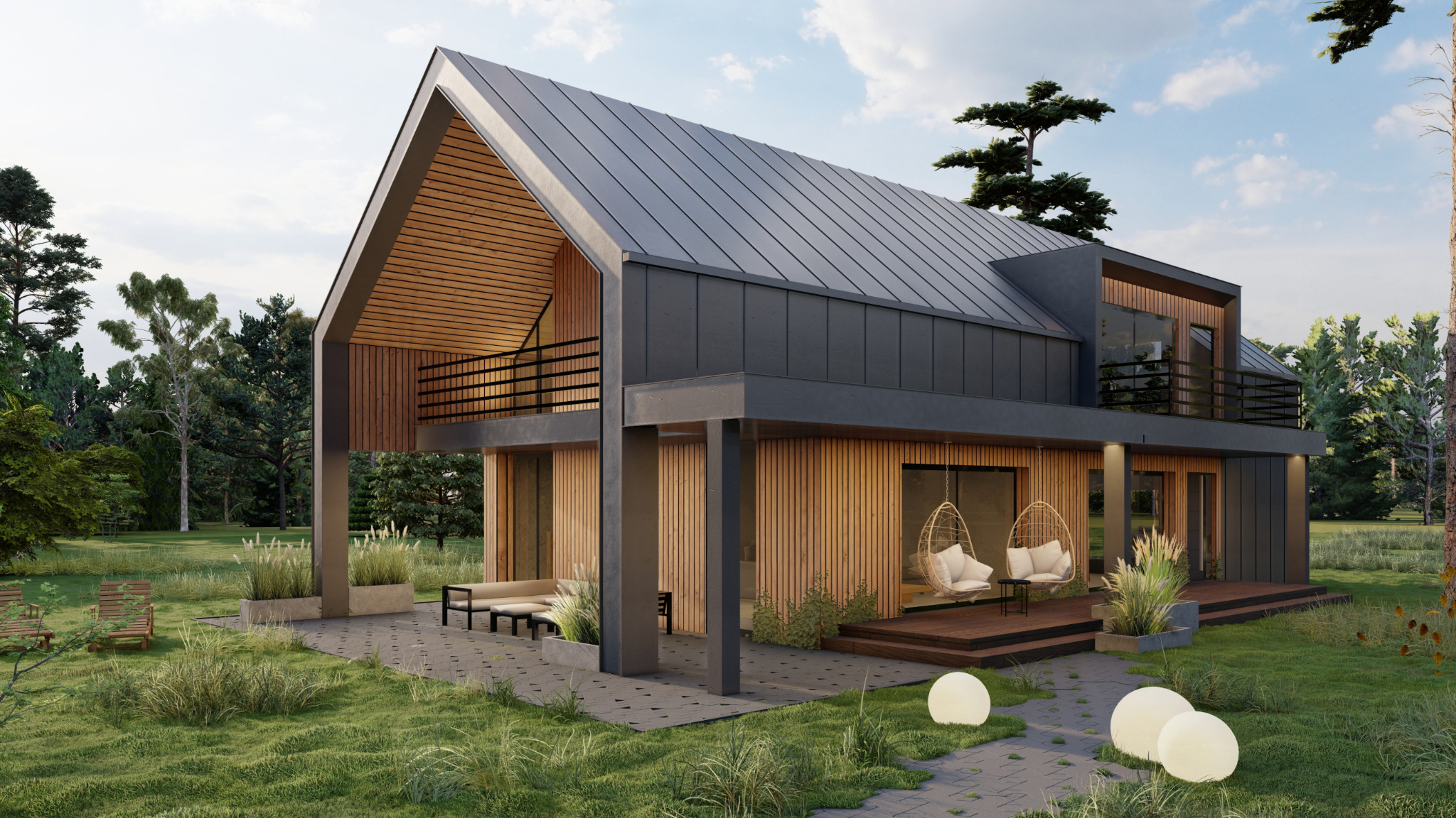 Nowoczesny dom z drewnianą elewacją i ciemnym dachem, z balkonem i tarasem, otoczony zielonym ogrodem z dekoracyjnymi kulami świetlnymi.