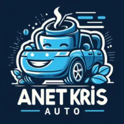 Ilustracja wektorowa przedstawiająca stylizowany, uśmiechnięty samochód z filiżanką kawy na dachu, otoczony dekoracyjnymi elementami graficznymi i nazwą firmy 'ANET KRIS AUTO'.