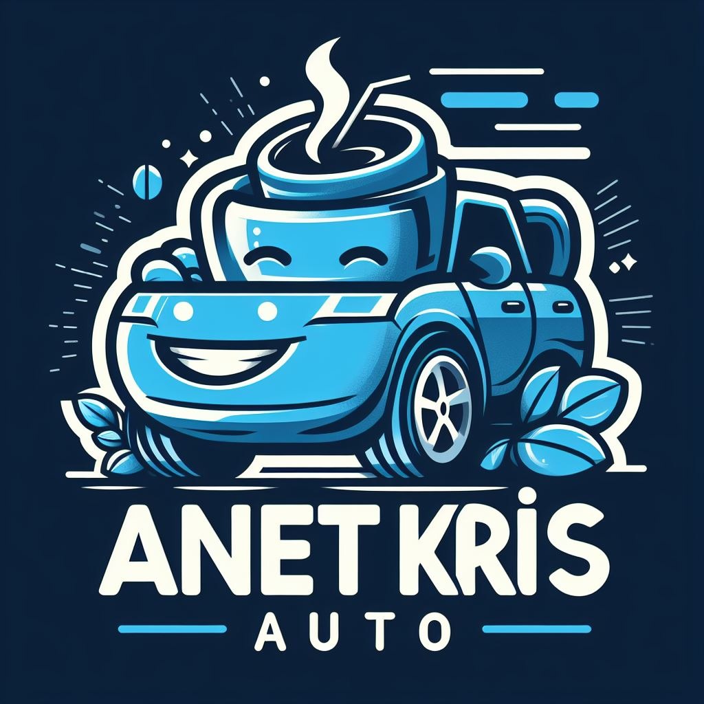 Ilustracja wektorowa przedstawiająca stylizowany, uśmiechnięty samochód z filiżanką kawy na dachu, otoczony dekoracyjnymi elementami graficznymi i nazwą firmy 'ANET KRIS AUTO'.