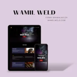 Prezentacja strony internetowej firmy spawalniczej Wamil Weld na tablecie i smartfonie, z widocznymi sekcjami 'Nasze Usługi' i danymi kontaktowymi.