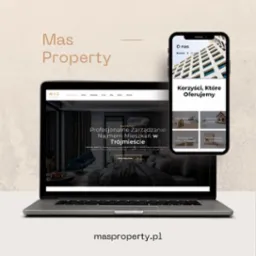 Prezentacja responsywnej strony internetowej Mas Property na laptopie i smartfonie, ukazująca profesjonalne zarządzanie najmem mieszkań w Trójmieście i korzyści dla klientów.