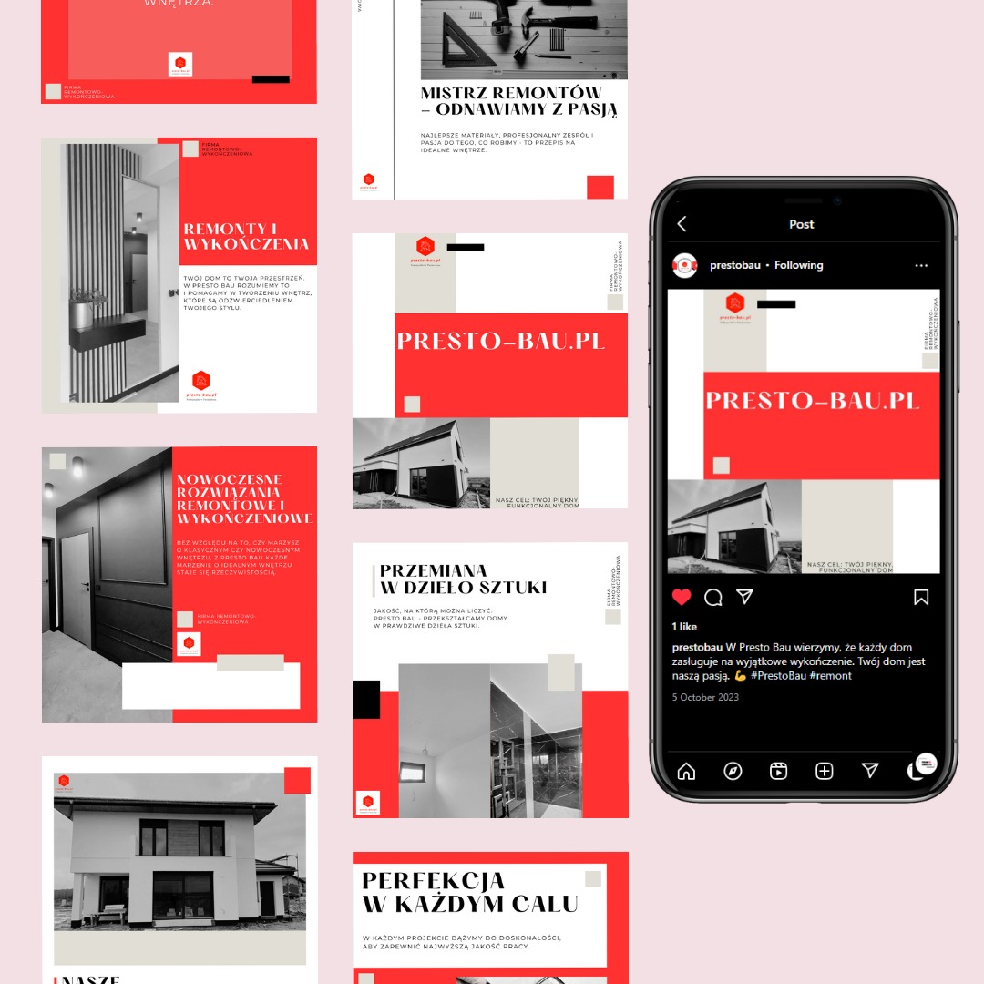 Ekran smartfona z otwartym postem na Instagramie prezentującym kolaż zdjęć zrealizowanych projektów firmy budowlanej Presto-Bau, w tle widoczne wydrukowane materiały reklamowe firmy.