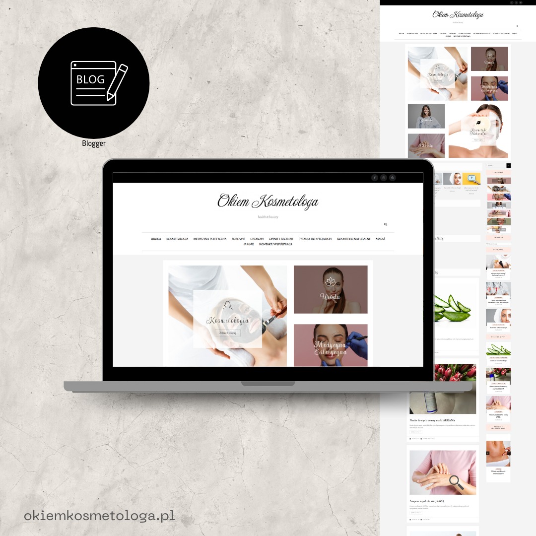 Laptop wyświetlający stronę internetową 'Okiem Kosmetologa' z blogiem o tematyce zdrowia i urody, widoczne menu nawigacyjne i zdjęcia miniaturek artykułów.