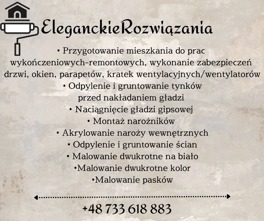 Grafika reklamowa firmy remontowej 'Eleganckie Rozwiązania' prezentująca zakres usług: przygotowanie mieszkania do prac, zabezpieczenia, gruntowanie, gładzie, montaż narożników, akrylowanie...