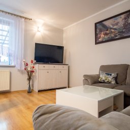 Merc Estate - Jasne wnętrze salonu z drewnianą podłogą, szarą sofą narożną, białym stolikiem kawowym i szafką RTV pod telewizorem. Na ścianie wisi obraz z górskim pejzażem.