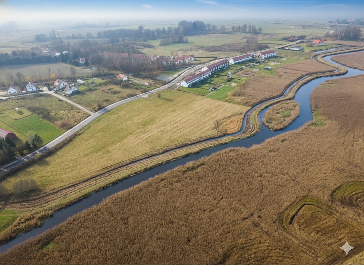 Panoramiczny widok z lotu ptaka na kompleks budynków mieszkalnych z czerwonymi dachami, otoczonych polami i rzeką w słoneczny dzień.
