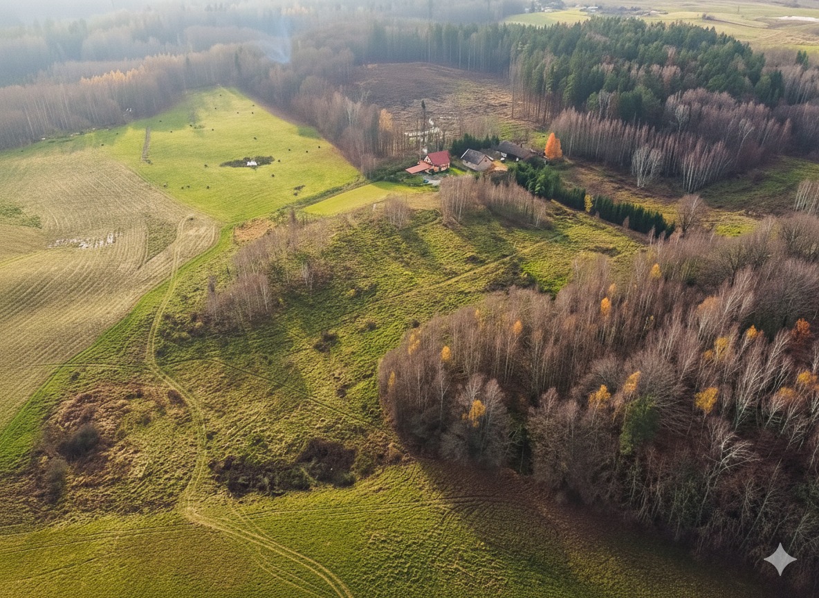 Jesienny krajobraz z lotu ptaka: pola, lasy i zabudowania wiejskie w promieniach słońca. Widoczne ślady po pojazdach na łące i pojedyncze drzewo o pomarańczowych liściach.
