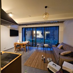 Wiktoria Jackowska - Wnętrze domu z widocznym salonem i jadalnią, w trakcie lub tuż po sprzątaniu, z widocznymi środkami czystości, transporterem dla zwierząt, butelką wody i workiem na śmieci, sugerującymi niedawne...